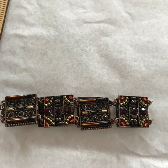 Vintage Copper Tile Link Bracelet w/Faceted Stones - 7" Long - Picture 3 of 16